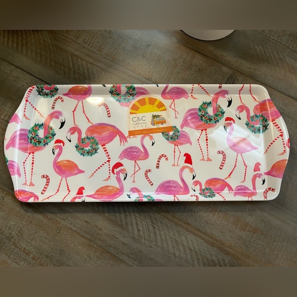 C&C California Home Candy Cane Christmas Pink Flamingo Melamine Serving Tray - Picture 1 of 6